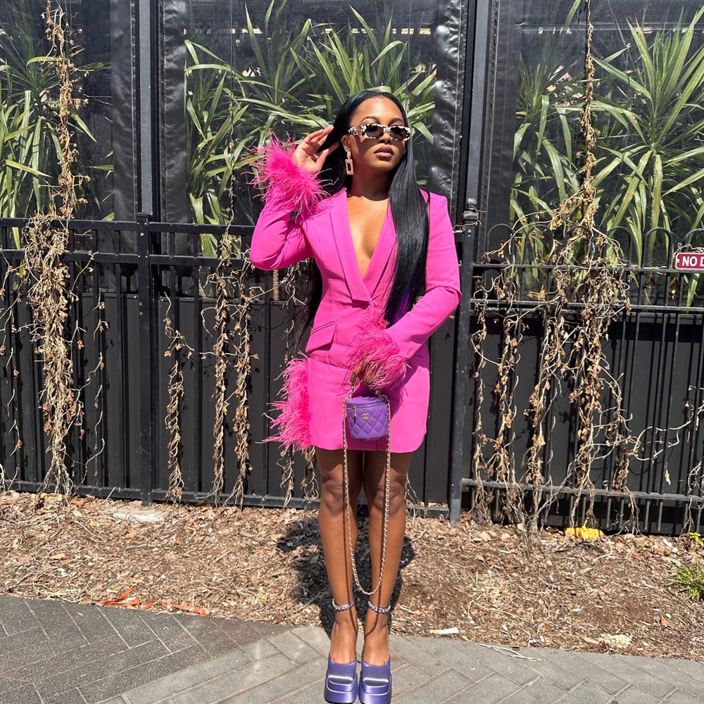 Madeline Fuchsia Feather Trim Blazer Dress